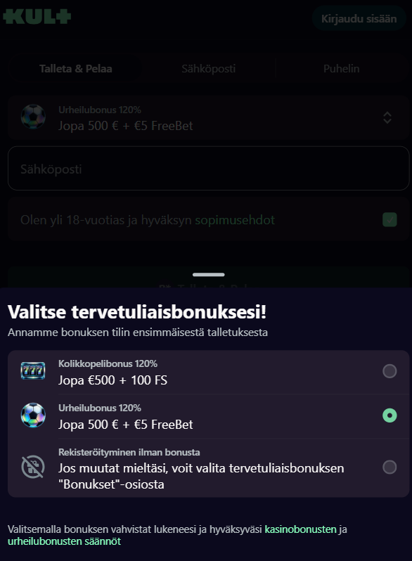 Urheiluvedonlyönnin tervetuliaisbonus Kultissa